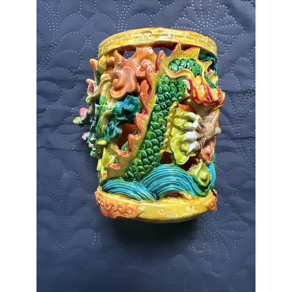 Foo Dog Vastu Dragon Pen Holder Colorful Feng Shui Power Wealth Decorative 4” - Picture 4 of 13